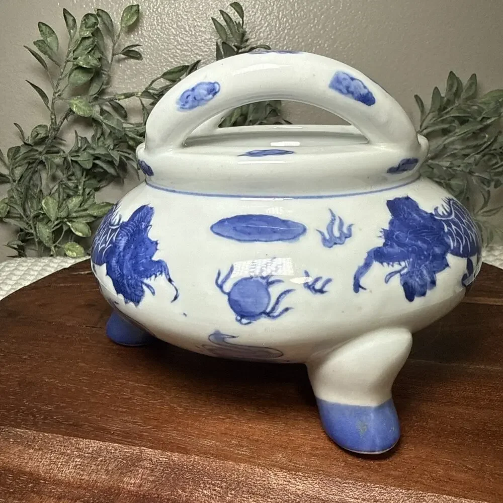 Chinese Blue White Dragon Tripod Censer Cachepot Planter Ceramic 6” Vintage